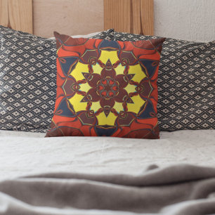 Cartoon Mandala Flower Yellow Orange and Blue Cushion