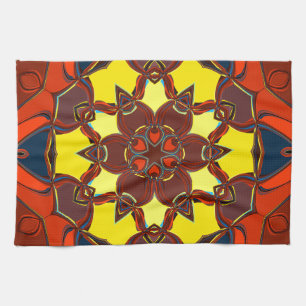 Cartoon Mandala Flower Yellow Orange and Blue Tea Towel