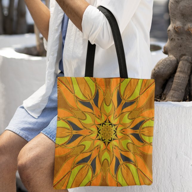 Cartoon Mandala Flower Yellow Orange and Blue Tote Bag (Creator Uploaded)