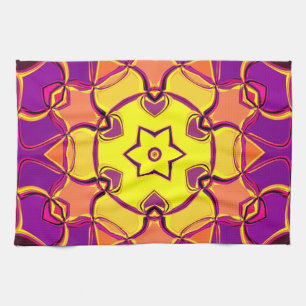 Cartoon Mandala Flower Yellow Orange and Pink Tea Towel