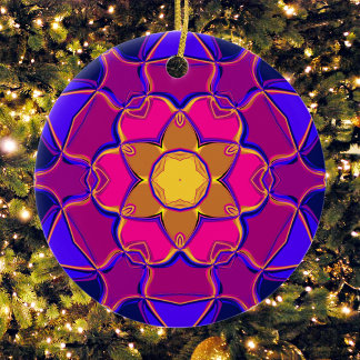 Cartoon Mandala Flower Yellow Pink and Blue Ceramic Ornament