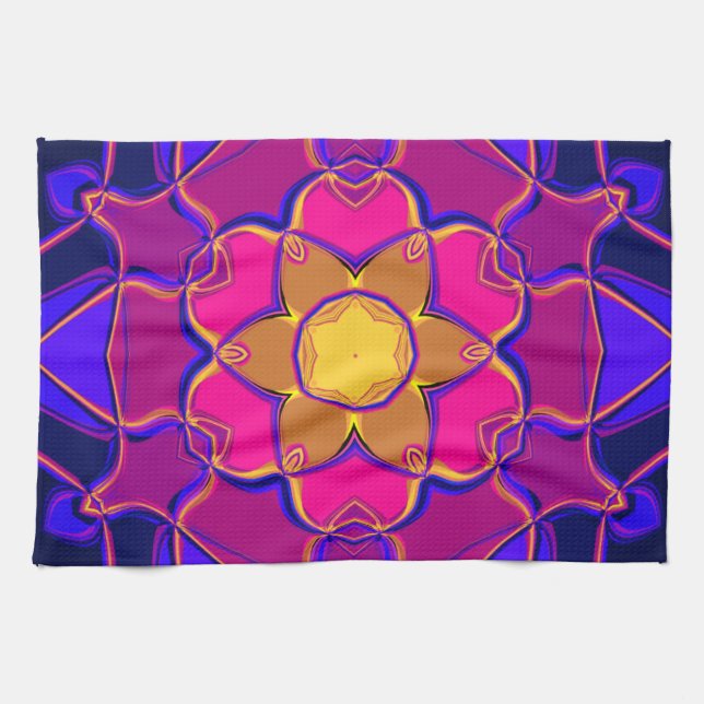 Cartoon Mandala Flower Yellow Pink and Blue Tea Towel (Horizontal)