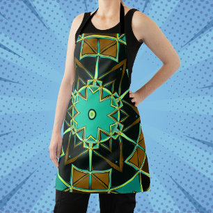 Cartoon Mandala Green Black and Yellow Apron