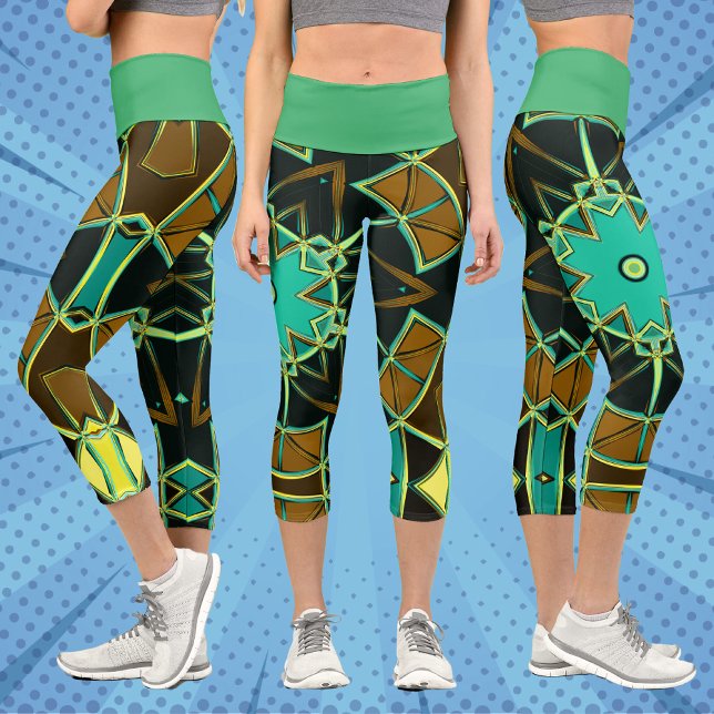 Cartoon Mandala Green Black and Yellow Capri Leggings (Creator Uploaded)