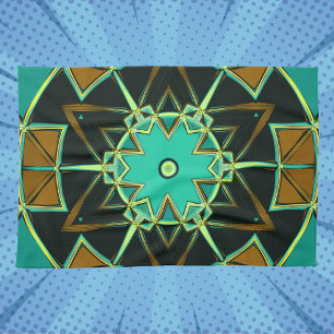 Cartoon Mandala Green Black and Yellow Tea Towel