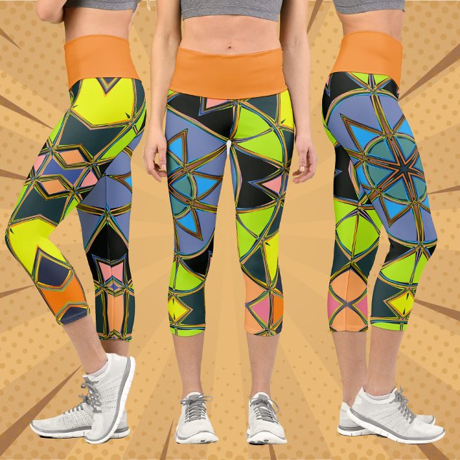 Cartoon Mandala Green Blue and Orange Capri Leggings (Creator Uploaded)