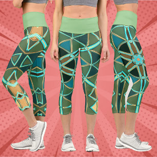 Cartoon Mandala Green Blue and Yellow Capri Leggings