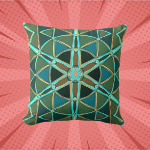 Cartoon Mandala Green Blue and Yellow Cushion