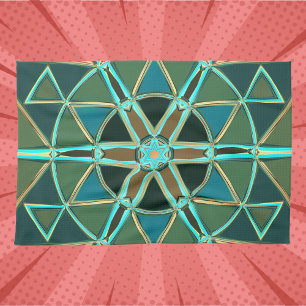 Cartoon Mandala Green Blue and Yellow Tea Towel