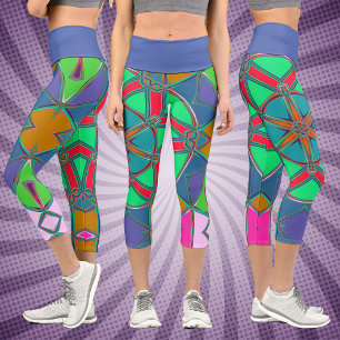 Cartoon Mandala Green Red and Blue Capri Leggings