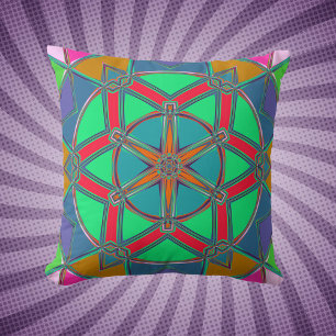 Cartoon Mandala Green Red and Blue Cushion