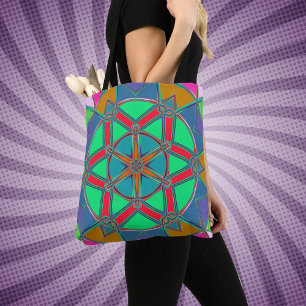 Cartoon Mandala Green Red and Blue Tote Bag