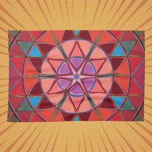 Cartoon Mandala Red Pink and Blue Tea Towel