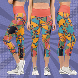 Cartoon Mandala Yellow Blue and Orange Capri Leggings
