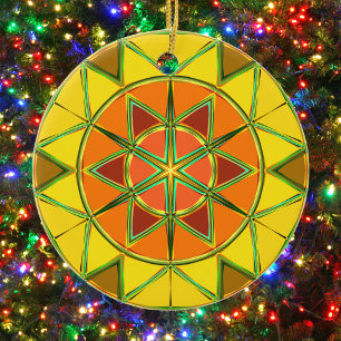 Cartoon Mandala Yellow Orange and Green Ceramic Ornament