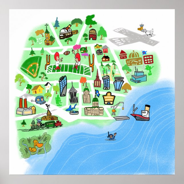 Cartoon Map of an Imaginary Port City Poster (Front)