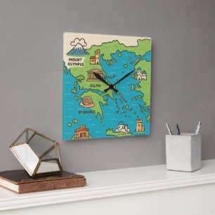 Cartoon Map of Greece – Illustrated Landmarks  Square Wall Clock