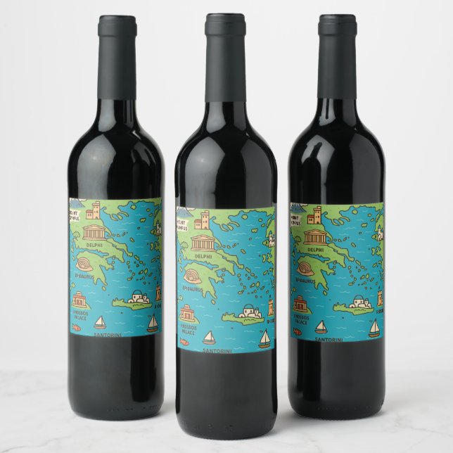 Cartoon Map of Greece – Illustrated Landmarks  Wine Label (Bottles)