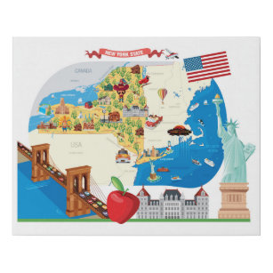 Cartoon Map of New York State Faux Canvas Print