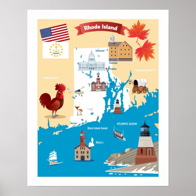 Cartoon Map of Rhode Island Poster (Front)