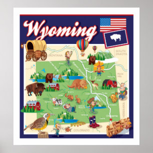 Cartoon Map of Wyoming Poster