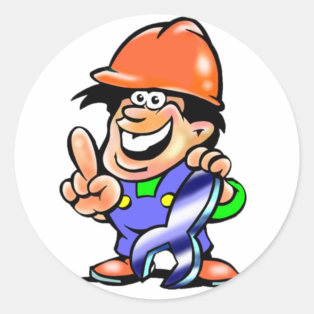 Cartoon Mechanic Construction Worker with Wrench Classic Round Sticker (Front)