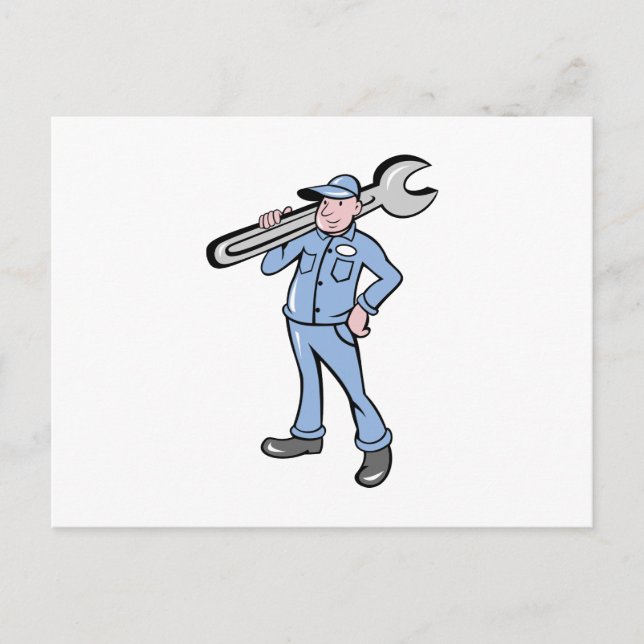 cartoon Mechanic tradesman worker spanner wrench Postcard (Front)