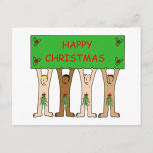 Cartoon Men Wearing Christmas Mistletoe. Postcard