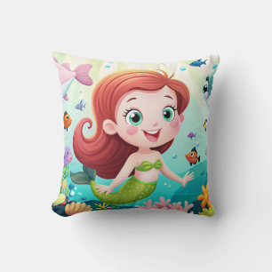 cartoon mermaid girl in the sea with fish cushion
