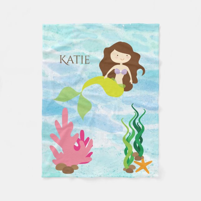 Cartoon Mermaid Personalised Fleece Baby Blanket (Front)