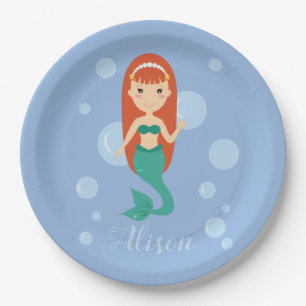 Cartoon mermaid wave underwater paper plate