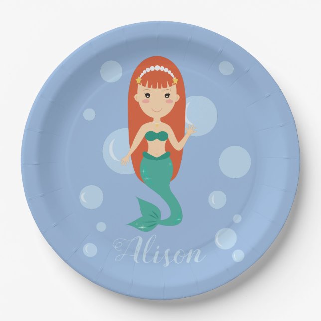 Cartoon mermaid wave underwater paper plate (Front)