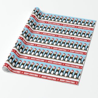 Cartoon Merry Christmas Penguins in Snow Pattern Wrapping Paper