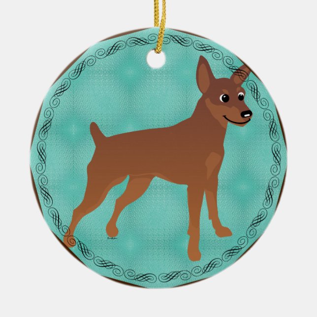 Cartoon Miniature Pinscher Red Cropped Docked Ceramic Ornament (Front)