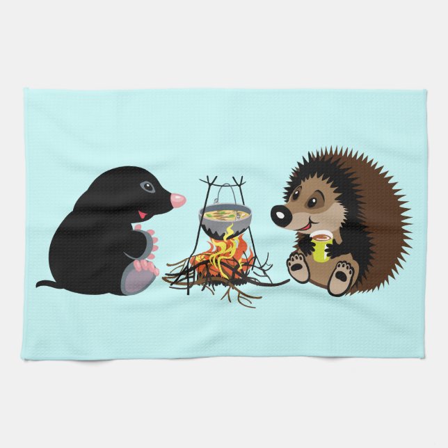 cartoon mole and hedgehog tea towel (Horizontal)