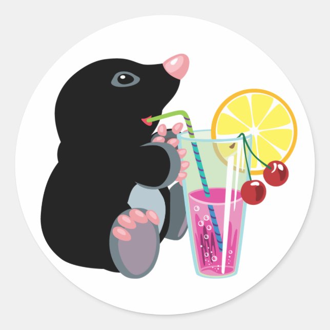 cartoon mole drinking cocktail classic round sticker (Front)