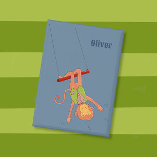 Cartoon Monkey Trapezist Kid Blue Button