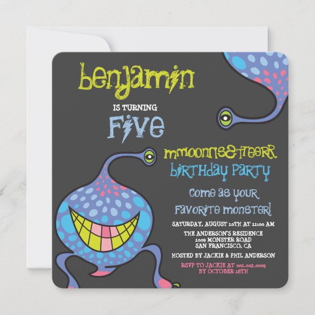 Cartoon Monster Alien Kids Birthday Party Invite (Front)
