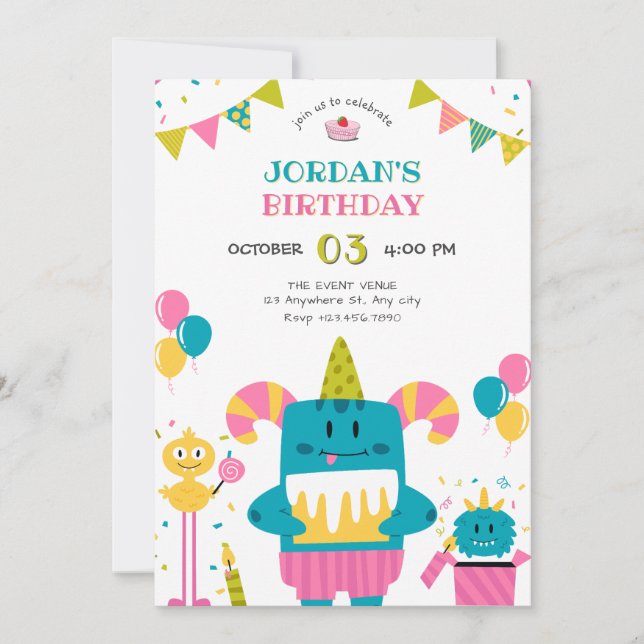 Cartoon monster birthday  invitation (Front)