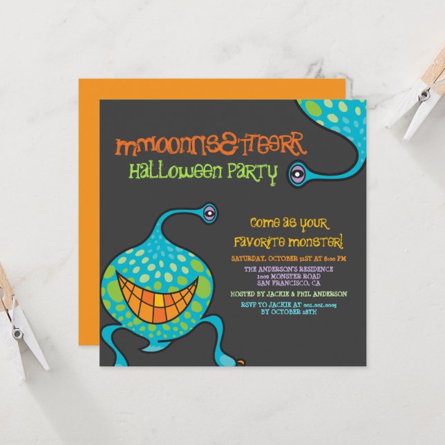 Cartoon Monster Green Alien Kid's Halloween Party Invitation (Front/Back In Situ)