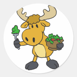 Cartoon moose eating salad choose back colour classic round sticker