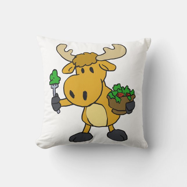 Cartoon moose eating salad | choose back colour cushion (Front)