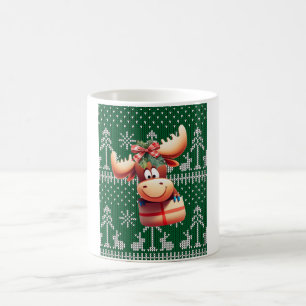 Cartoon Moose on Green  Knitted Pattern Coffee Mug