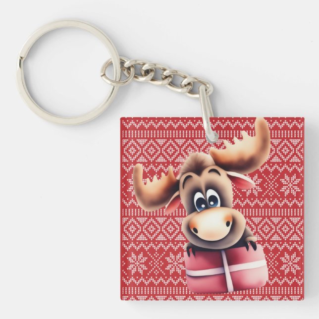 Cartoon Moose with Christmas Gift  Key Ring (Front)