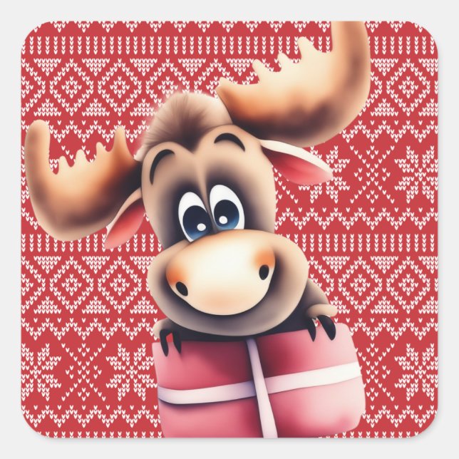 Cartoon Moose with Christmas Gift  Square Sticker (Front)