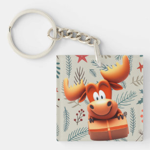 Cartoon Moose with Gift on Christmas Pattern Key Ring