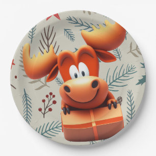 Cartoon Moose with Gift on Christmas Pattern Paper Plate