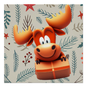 Cartoon Moose with Gift on Christmas Pattern Poster