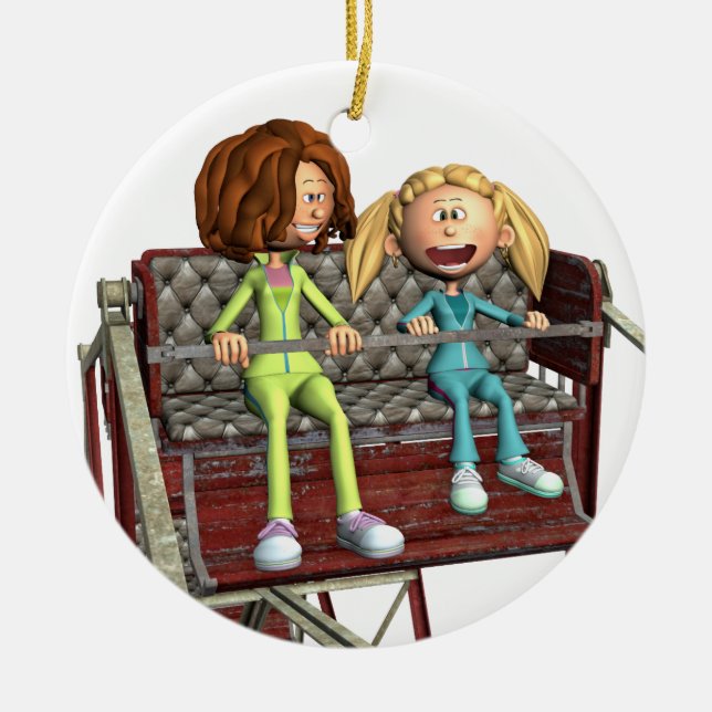 Cartoon Mother and Daughter on a Ferris Wheel Ceramic Ornament (Front)