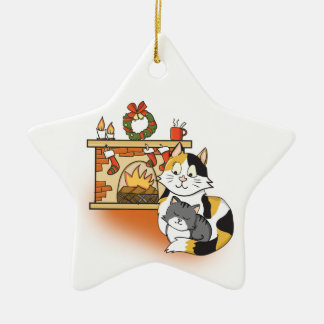 Cartoon Mother Cat and Kitten at Cosy Fireplace Ceramic Ornament